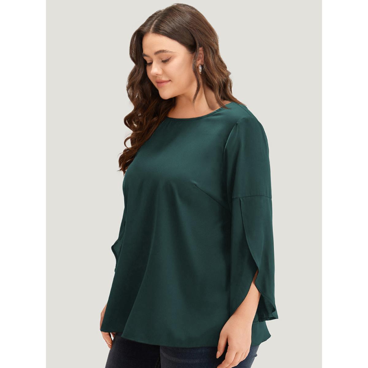 Plus Size Black Plain Wrap Flutter Sleeve Crew Neck Blouse Women Office Elbow-length sleeve Round Neck Work Blouses BloomChic 12/L Product Image