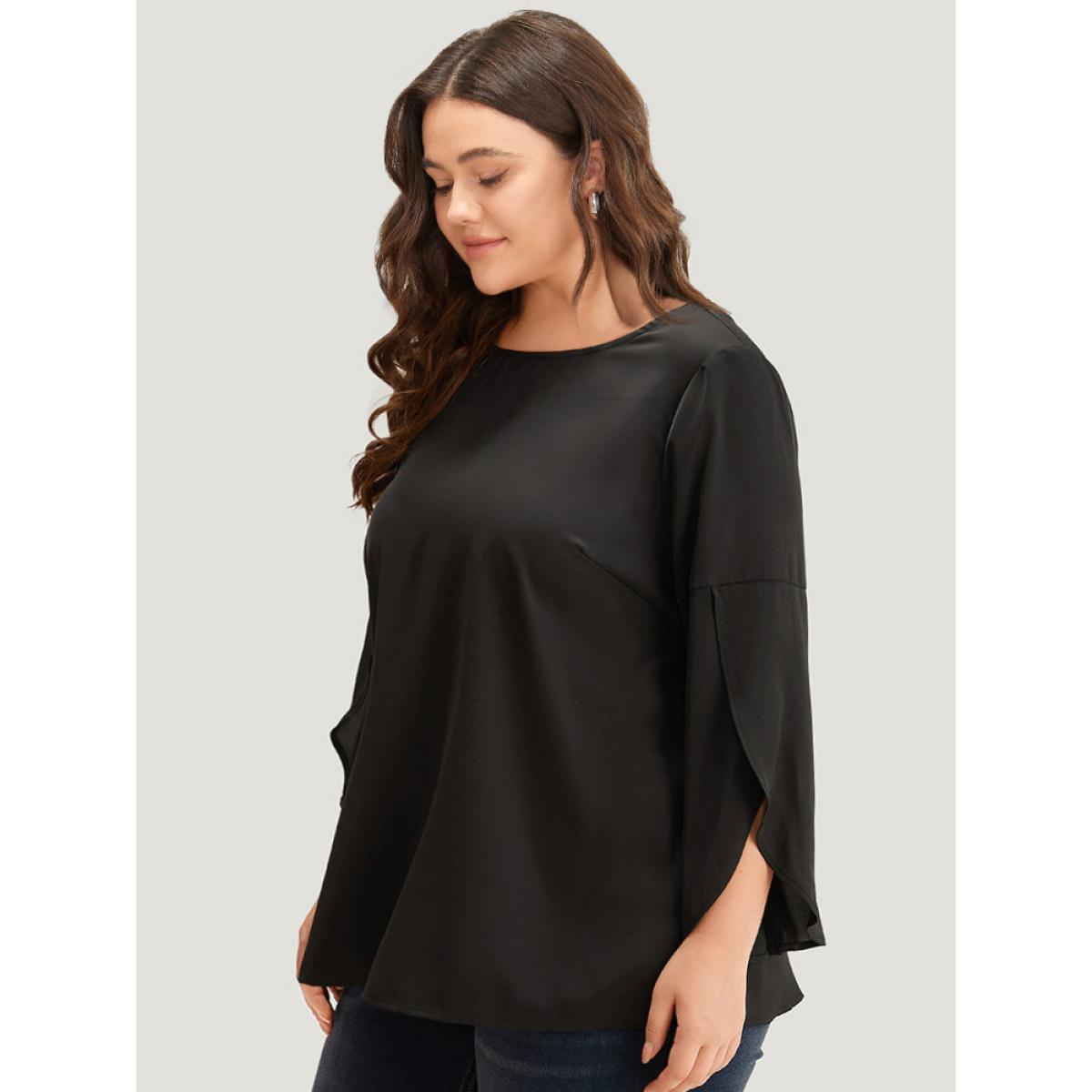 Plus Size Black Plain Wrap Flutter Sleeve Crew Neck Blouse Women Office Elbow-length sleeve Round Neck Work Blouses BloomChic 12/L Product Image