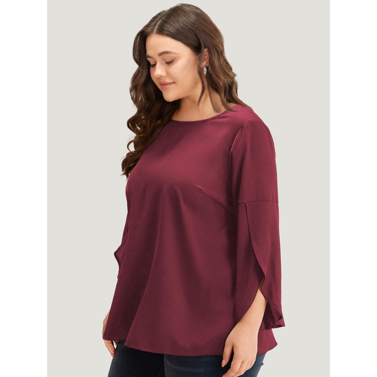 Plus Size Scarlet Plain Wrap Flutter Sleeve Crew Neck Blouse Women Office Elbow-length sleeve Round Neck Work Blouses BloomChic 12/L Product Image