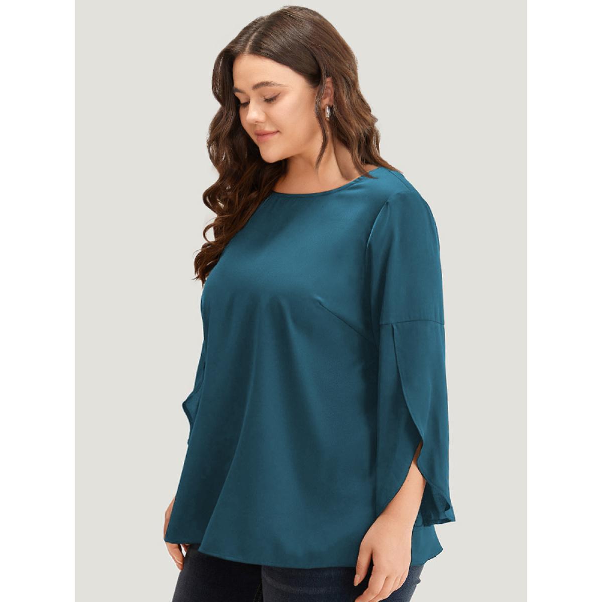 Plus Size Aegean Plain Wrap Flutter Sleeve Crew Neck Blouse Women Office Elbow-length sleeve Round Neck Work Blouses BloomChic 26/4X Product Image