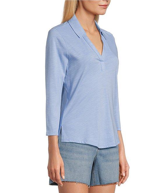Tommy Bahama Ashby Isles Solid Stretch Jersey Johnny Collar V-Neck 3/4 Sleeve Fitted Top Product Image