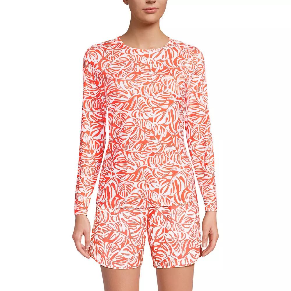 Women's Lands' End UPF 50 Long Sleeve Rash Guard, Size: Medium, Orange Tropic Leaves Product Image