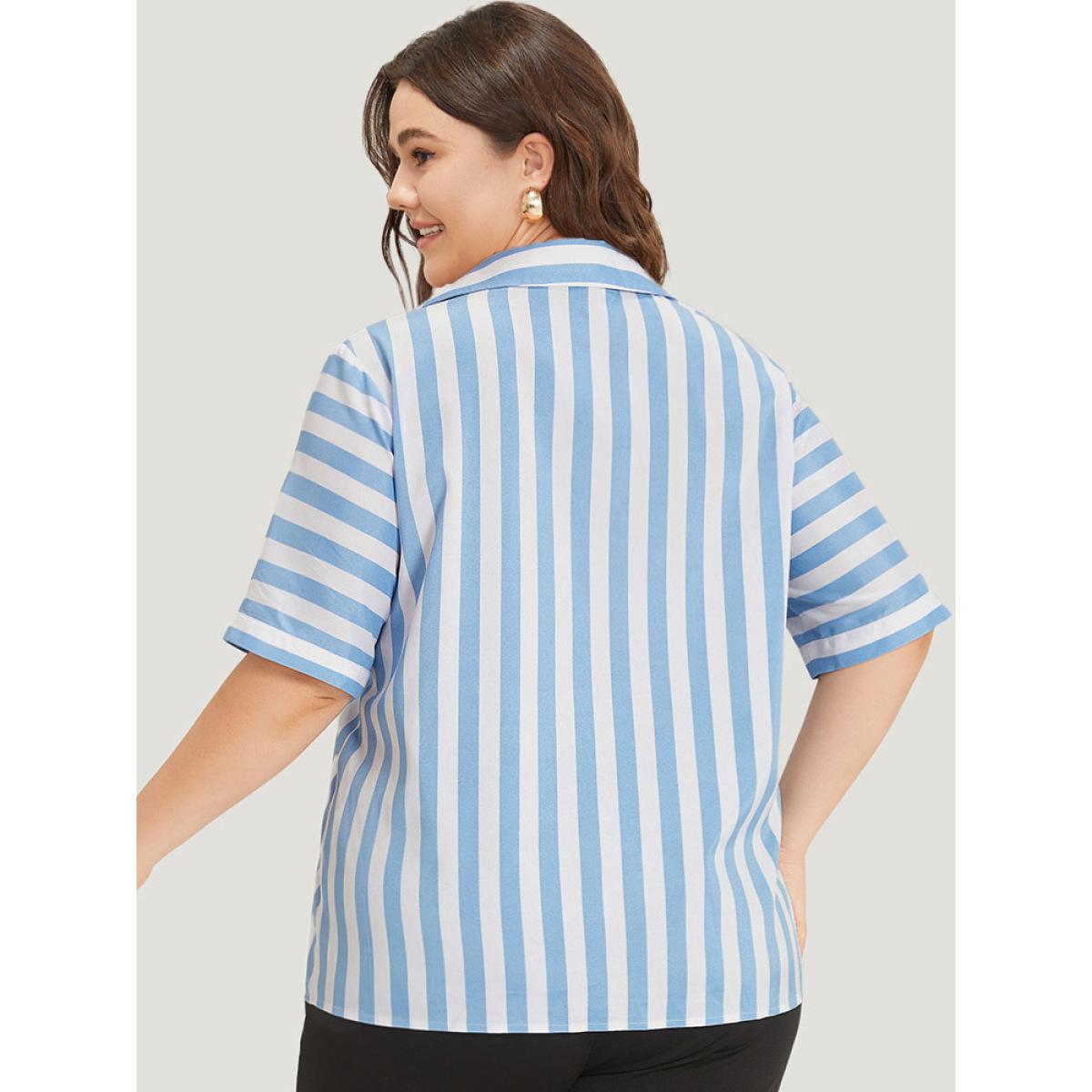 Plus Size Multicolor Striped Shirt Collar Button Through Blouse Women Vacation Half Sleeve Shirt collar Work Blouses BloomChic 10/M Product Image