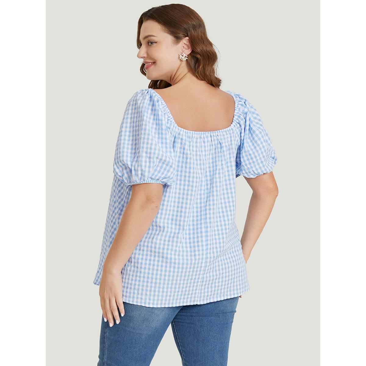 Plus Size LightBlue Gingham Print Square Neck Puff Sleeve Blouse Women Vacation Short sleeve Square Neck Dailywear Blouses BloomChic 10/M Product Image