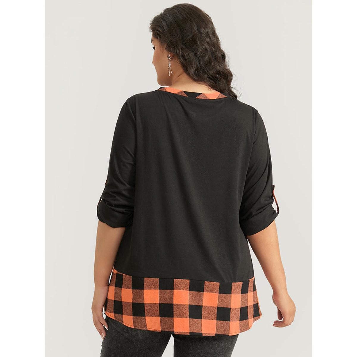 Plus Size Halloween Gingham Patchwork Notched Button Up Arc Hem T-shirt Black Women Casual Contrast Plaid Round Neck Festival-Halloween T-shirts BloomChic 12/L Product Image