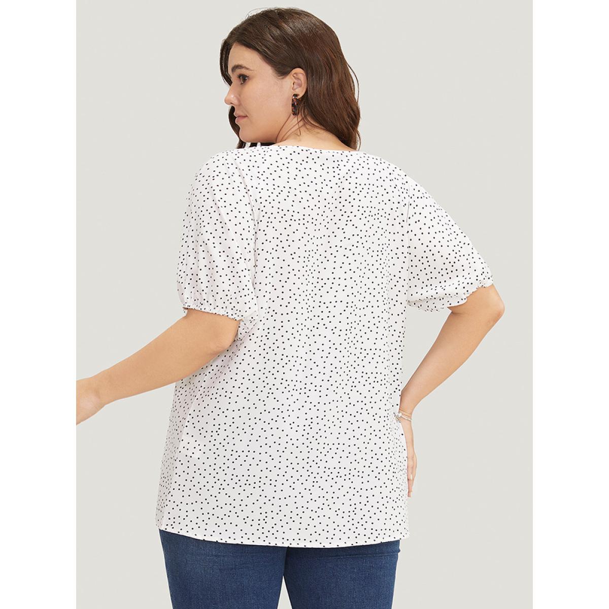 Plus Size White Polka Dot Pleated Round Neck Puff Sleeve Blouse Women Office Short sleeve Round Neck Office Blouses BloomChic 26/4X Product Image