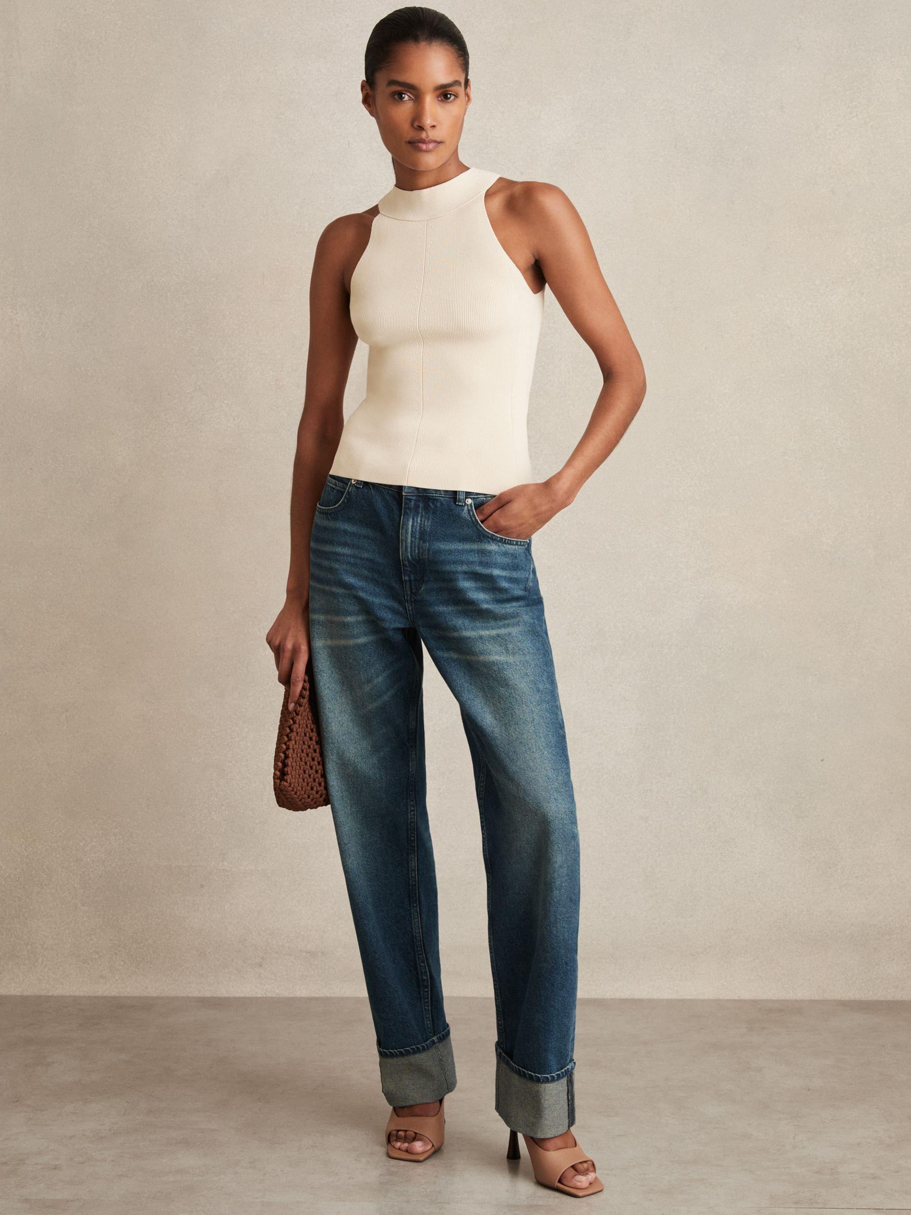 Straight-Leg Turn-Up Jeans in Mid Blue Product Image