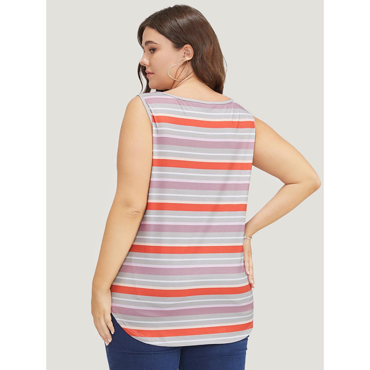 Plus Size Striped Contrast V Neck Arc Hem Tank Top Women Multicolor Casual Contrast V-neck Dailywear Tank Tops Camis BloomChic 28/5X Product Image