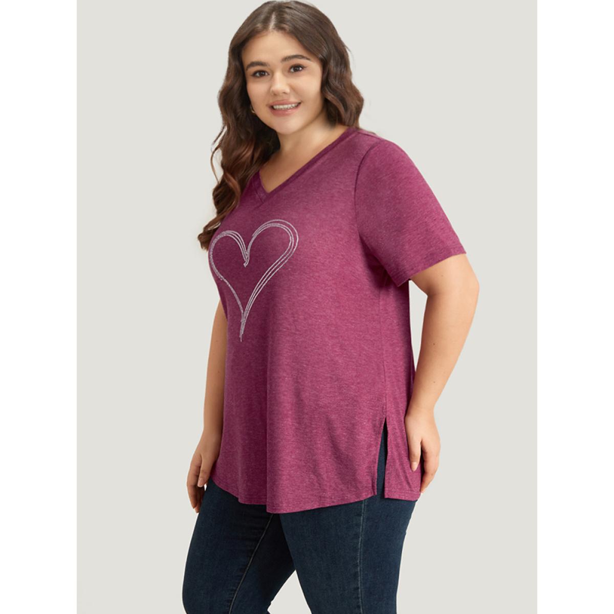 Plus Size Solid Heart Rhinestone V Neck T-shirt RedViolet Women Casual Plain Heart Print Dailywear T-shirts BloomChic 10/M Product Image