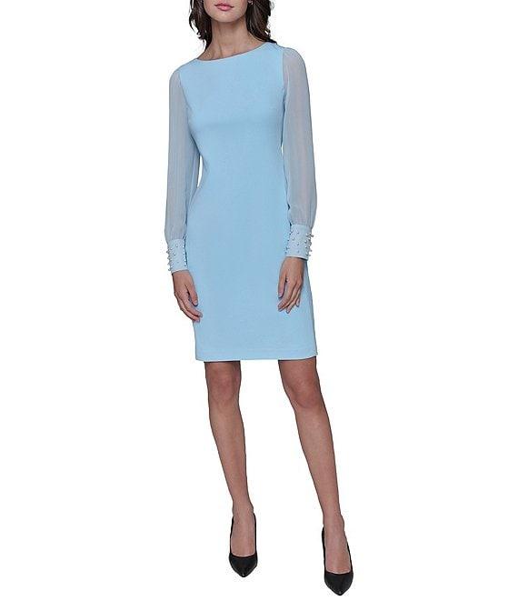 KARL LAGERFELD PARIS Scuba Crepe Crew Neck Chiffon Long Sleeve Pearl Cuff Sheath Mini Dress Product Image