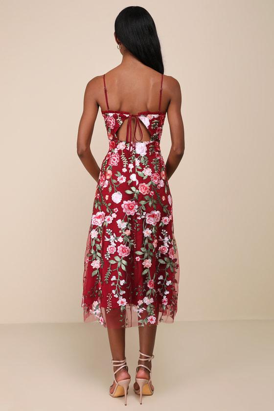 Charmingly Sophisticated Burgundy Tulle Embroidered Midi Dress Product Image