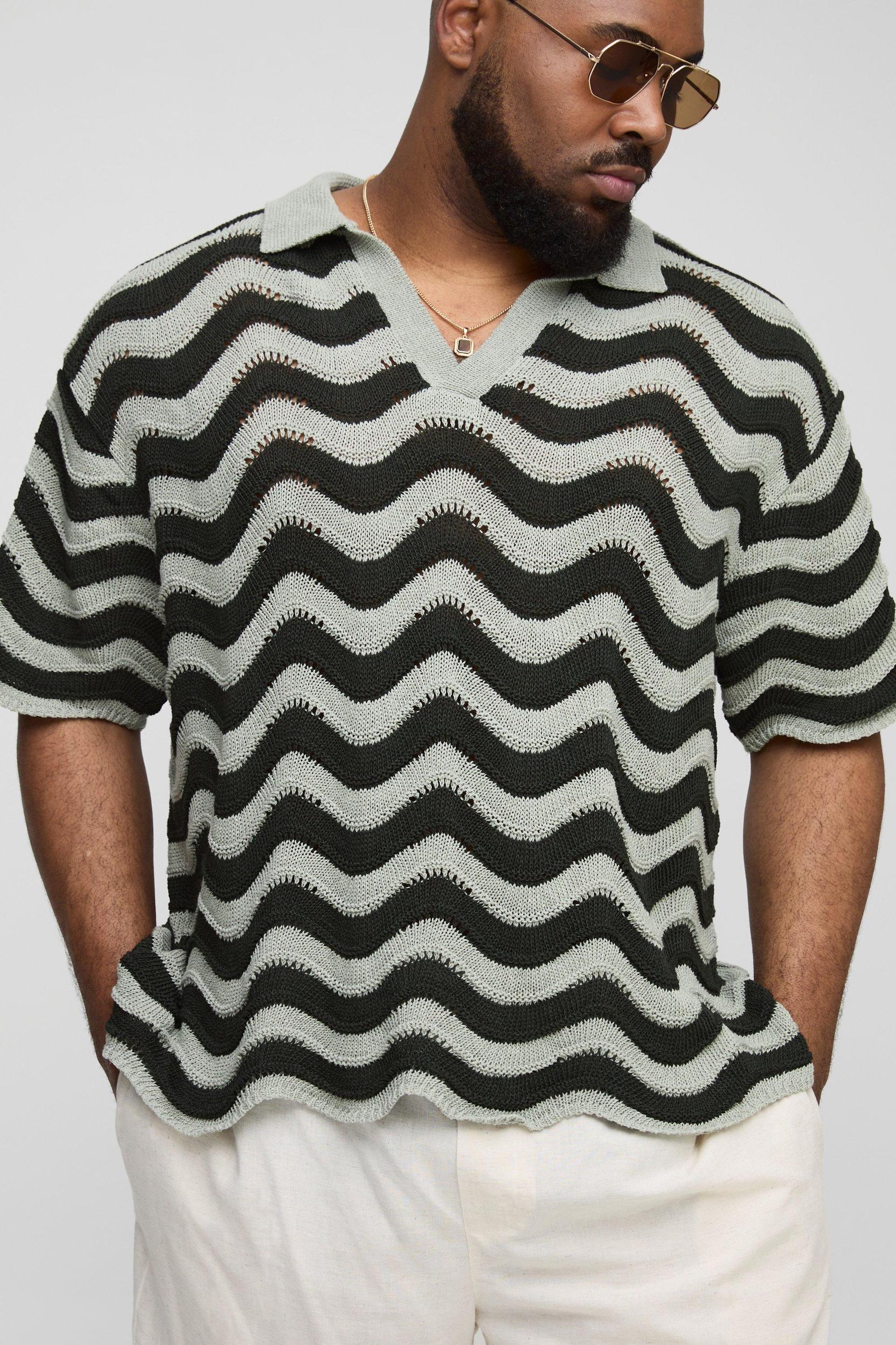 Plus Boxy Oversized Abstract Knit Polo | boohooMAN USA Product Image