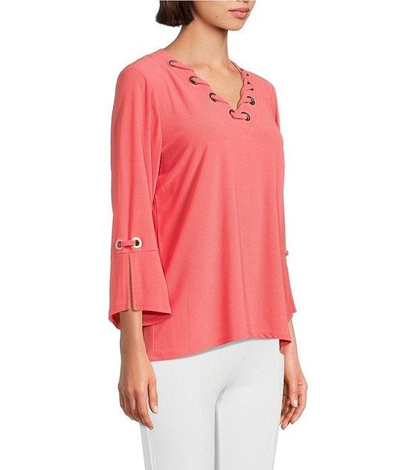 Slim Factor by Investments V-Neckline 3/4 Slit Sleeve Grommet Top Product Image