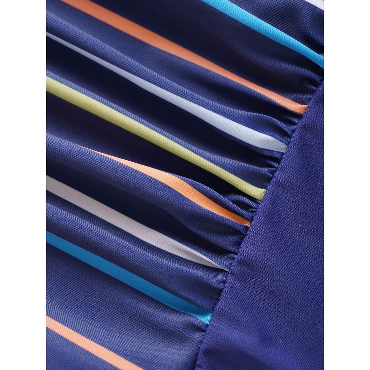 Plus Size Striped Overlap Collar Ruched One Piece Swimsuit Women's Swimwear DarkBlue Beach Gathered Curve Bathing Suits High stretch One Pieces BloomChic 30/6X Product Image