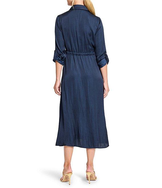 NIC + ZOE Glossy Crinkle Julie Point Collar Long Roll Tab Sleeve Midi Dress Product Image