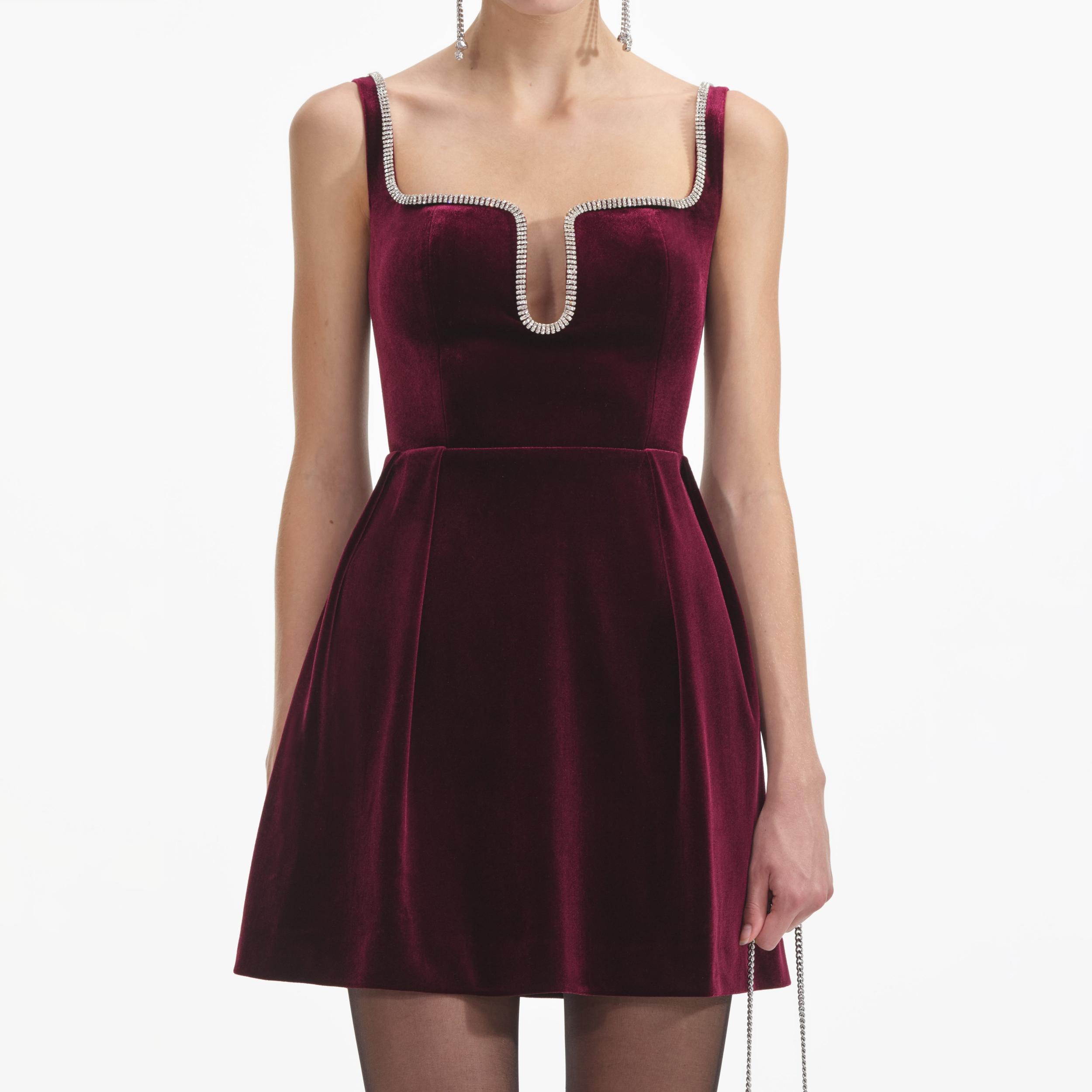 Burgundy Velvet Mini Dress Product Image