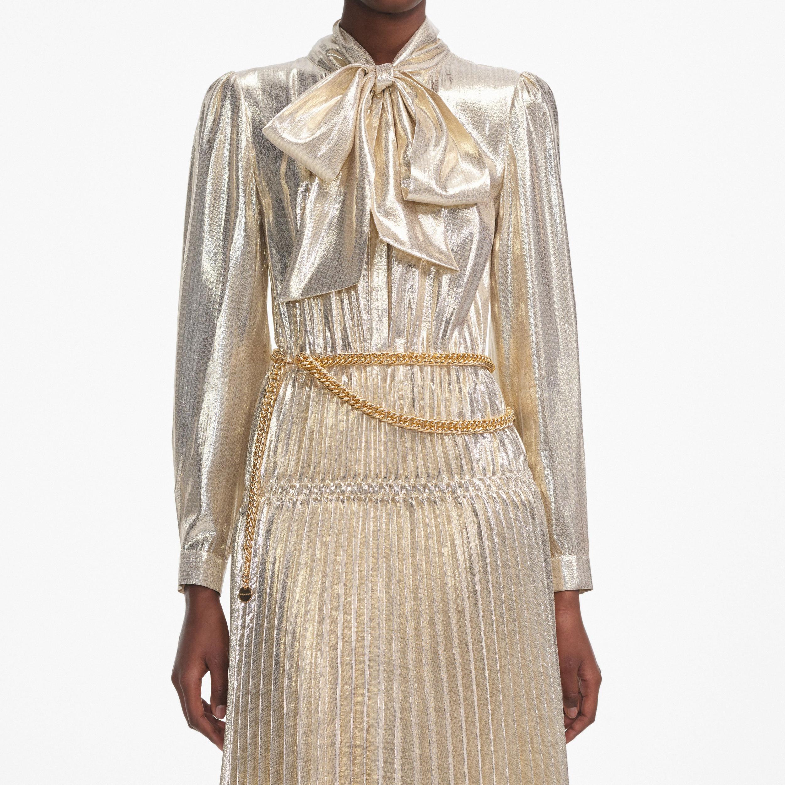 Gold Metallic Pussy Bow Midi Dress Product Image