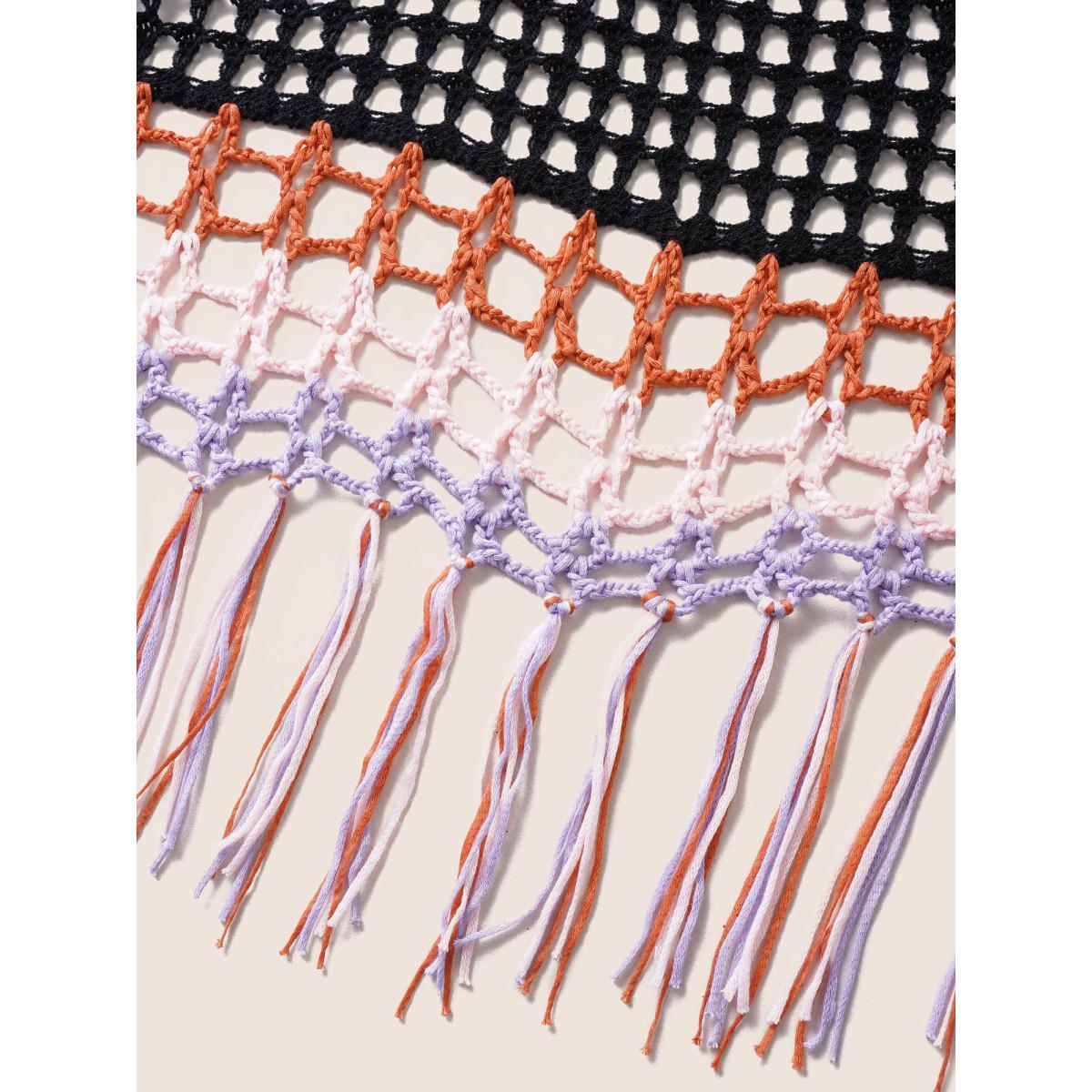 Plus Size Crochet Cut Out Tassels Trim Swim Cover Up Women's Swimwear Black Beach Loose Crochet Curve Swim Cover Ups BloomChic 26/4X Product Image