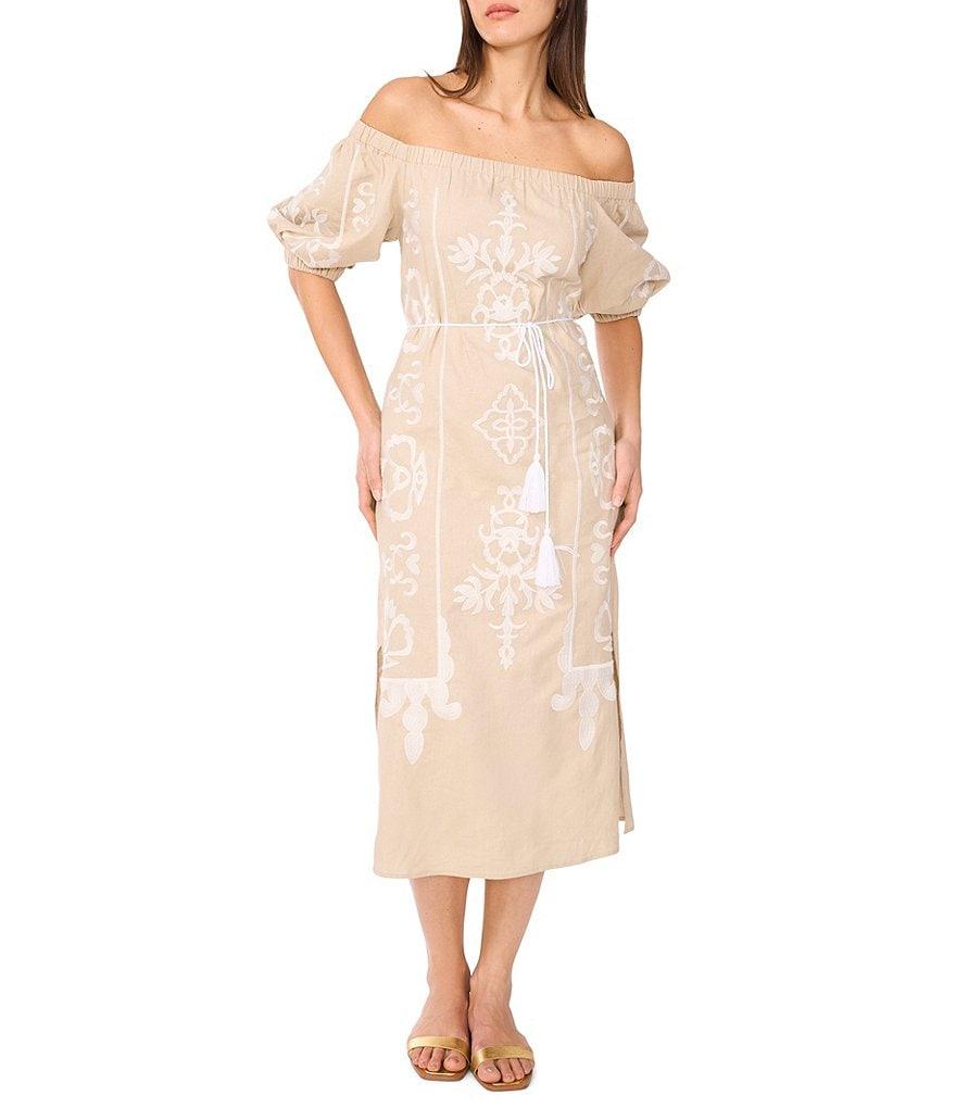 Vince Camuto Woven Off-the-Shoulder 3/4 Sleeve Embroidered Midi Shift Dress Product Image