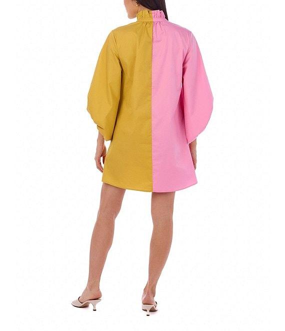 CROSBY by Mollie Burch Olive Colorblock High Ruffle Collar Long Sleeve Button Front Shirt Dress Product Image