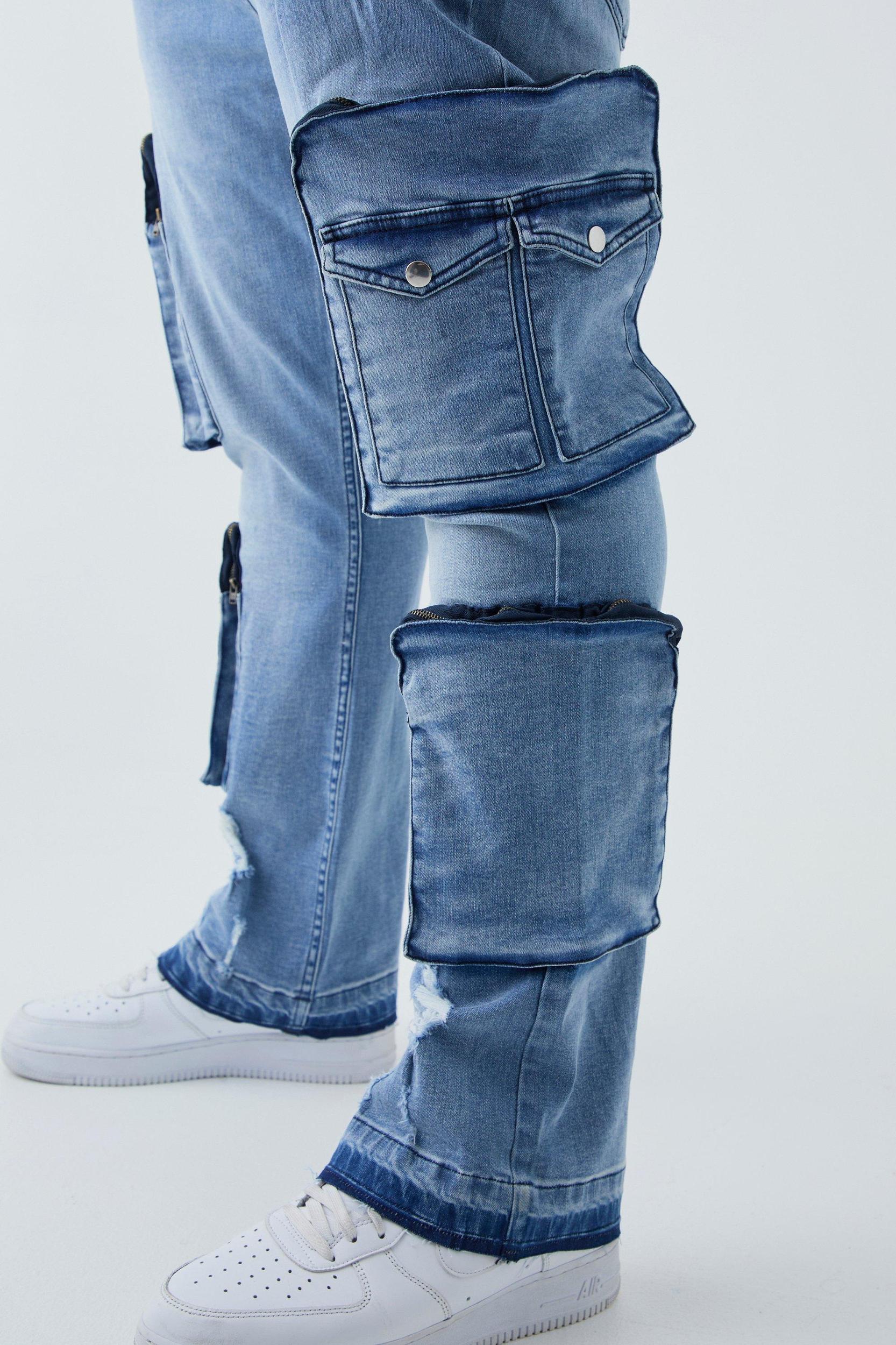 Plus Raw Seam Detail Stretch Skinny Ripped Cargo Flared Jeans | boohooMAN USA Product Image