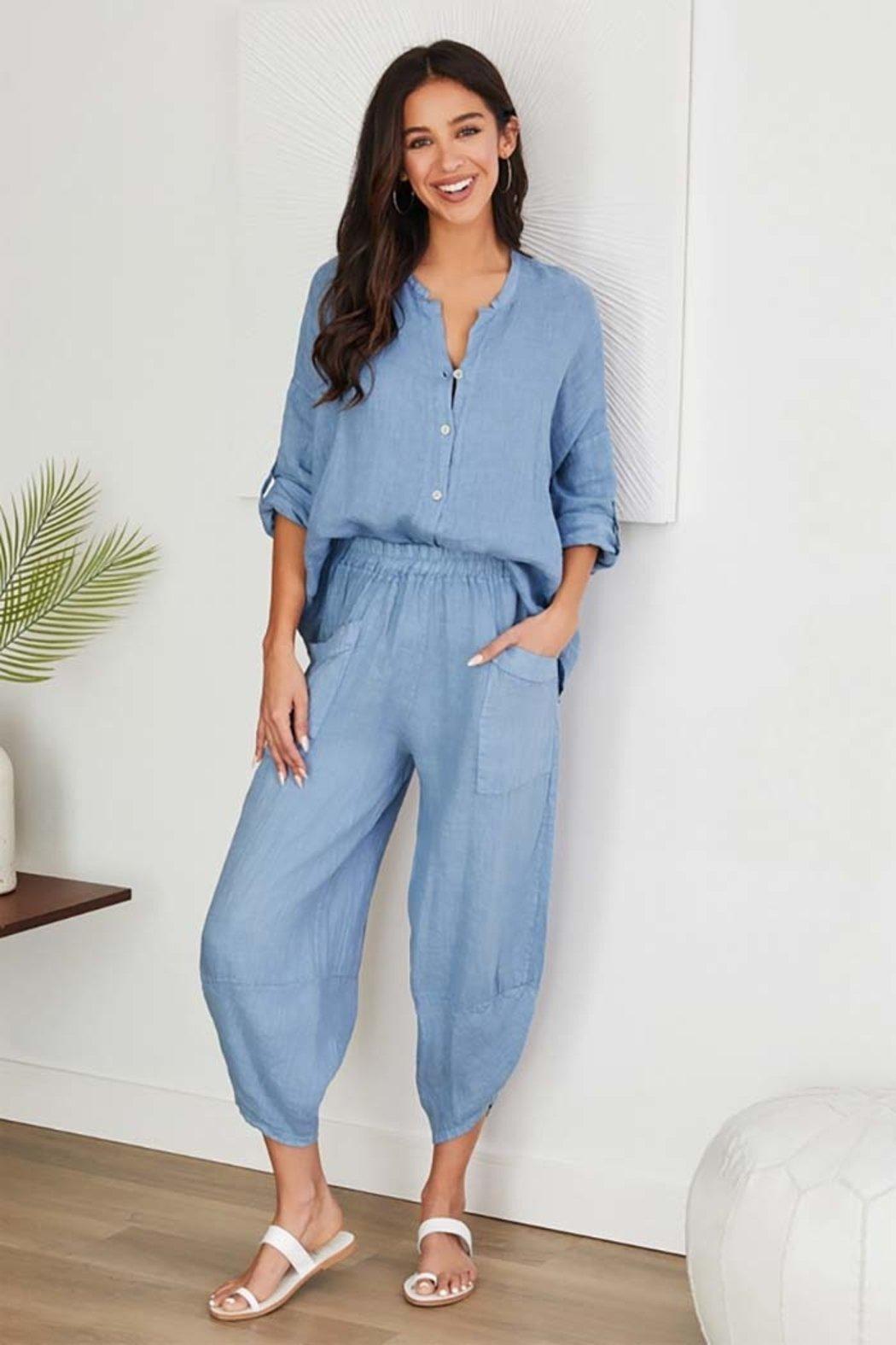 Elastic Waist, Curved Hem Linen Harem Pants Product Image