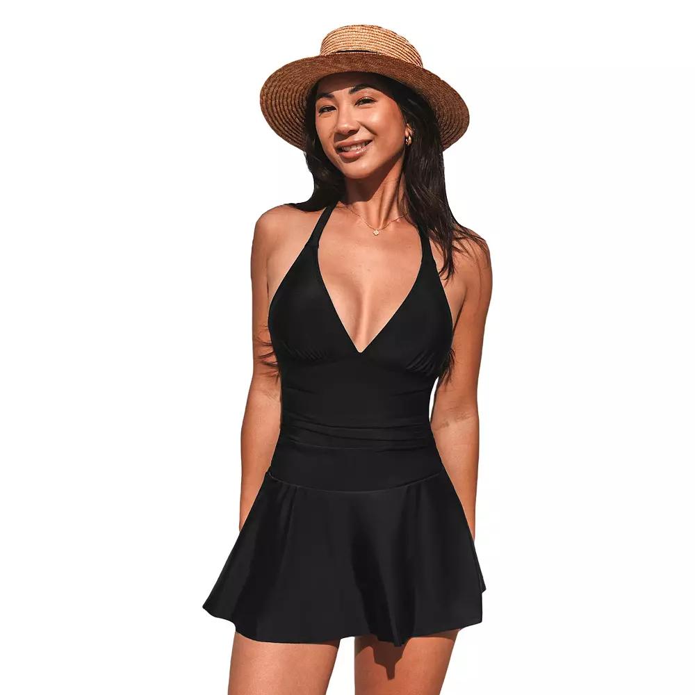 Women's Cupshe Black Halter Plunge Ruched Swim Dress,  Product Image