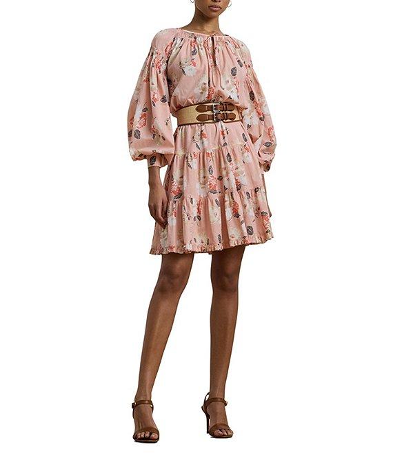 Lauren Ralph Lauren Voile Floral Print V-Neck Long Sleeves Tiered A-Line Dress Product Image