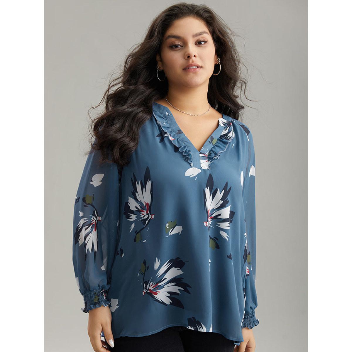 Plus Size Cerulean Floral Print Shirred Ruffles Mesh Blouse Women Elegant Long Sleeve V-neck Dailywear Blouses BloomChic 14-16/1X Product Image