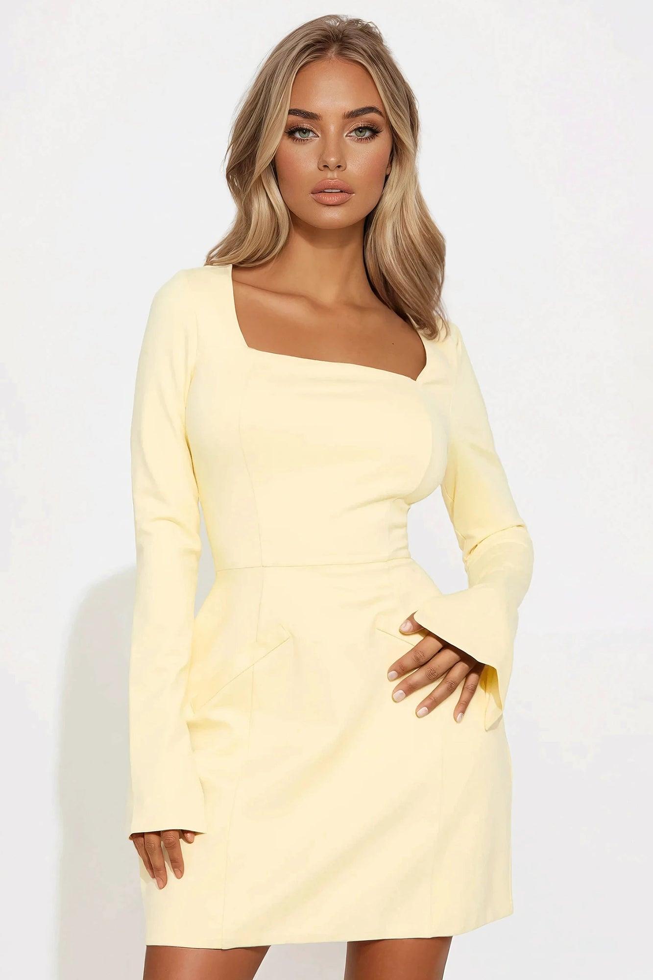 Mia Long Sleeved Ponte Mini Dress - Butter Yellow Product Image