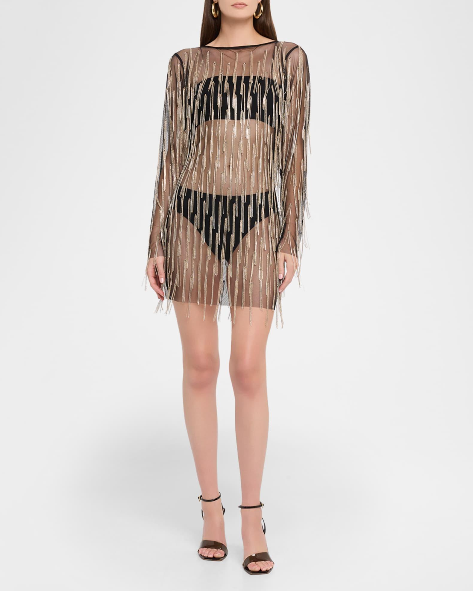 Crystal Fringe Mesh Long-Sleeve Mini Dress Product Image