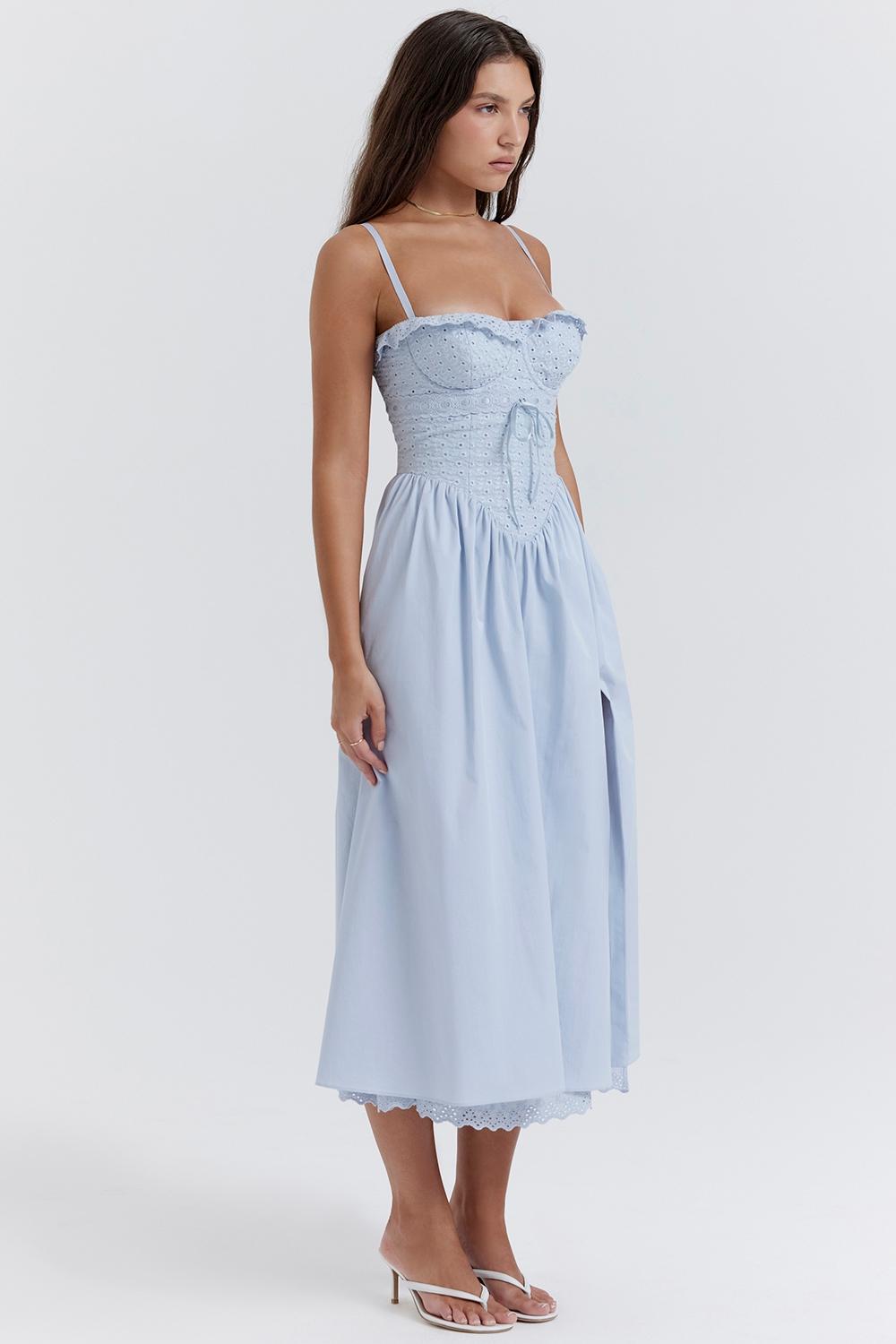 Jaime  soft blue cotton broderie anglais midi sundress Product Image