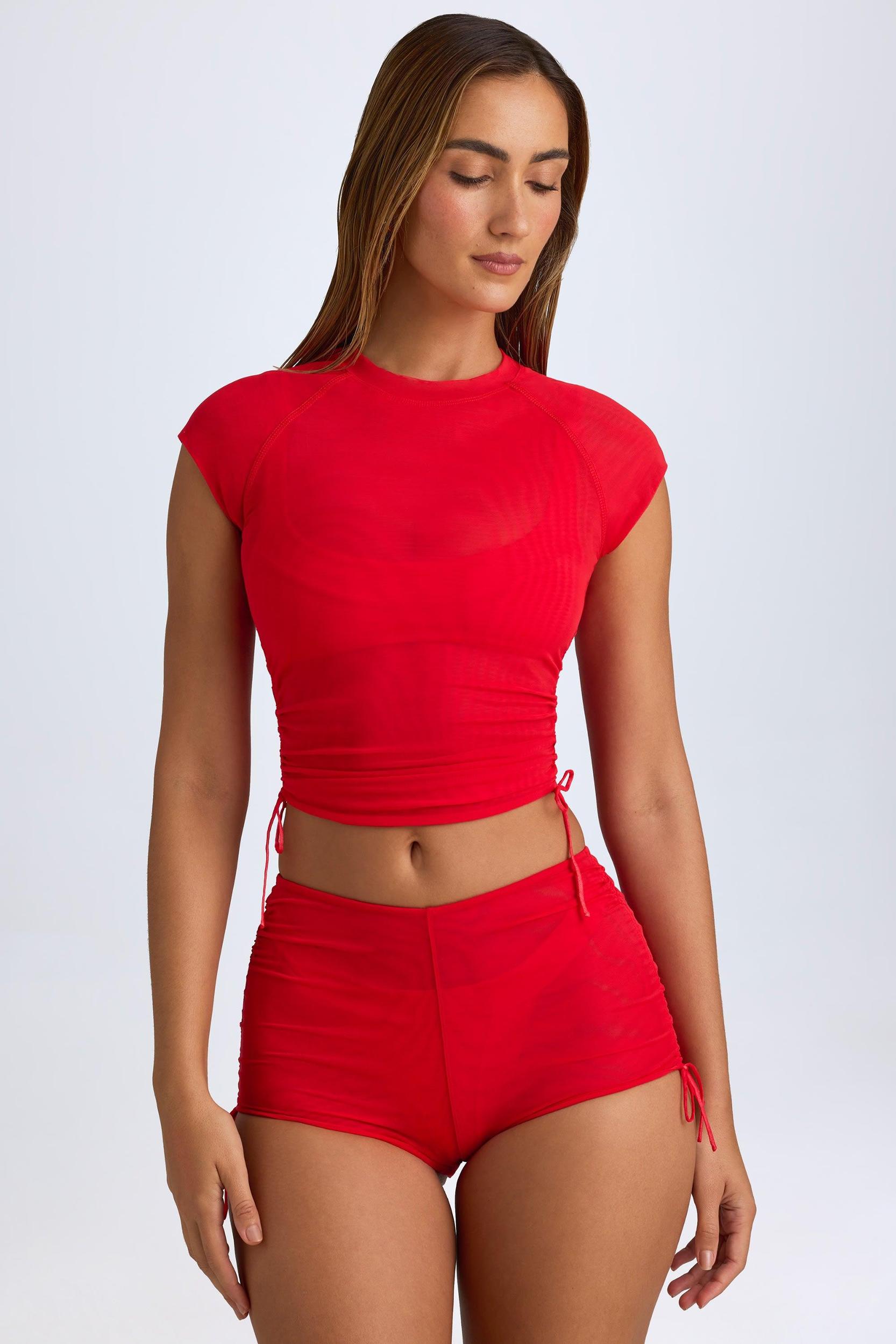Sheer Ruched Cropped T-Shirt in Fiery Red Product Image