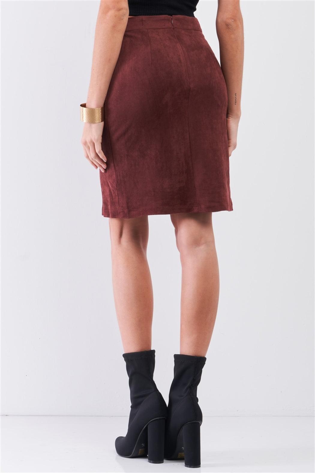 Redwood Faux Suede High-Waisted Asymmetrical Stitch Midi Skirt Product Image