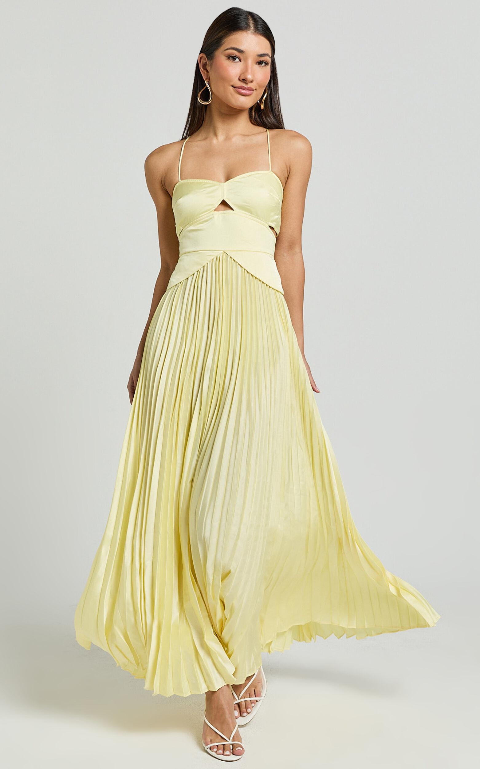 Shay Maxi Dress - Sweetheart Cut Out Pleated Dress in Lemon Product Image