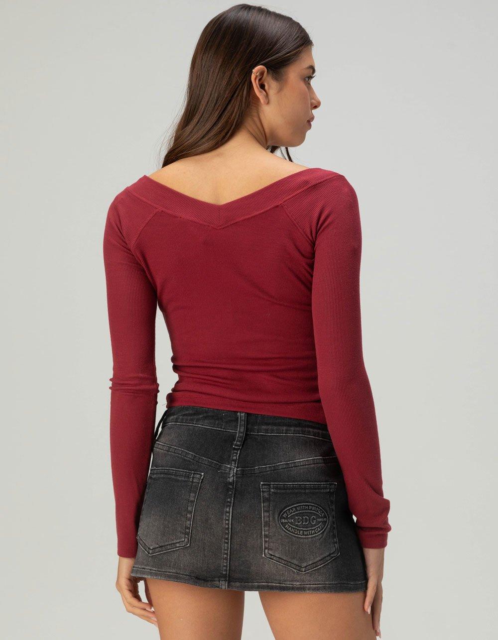 BDG Urban Outfitters Shannen Ribbed V-Neck Womens Long Sleeve Top - BURGUNDY Product Image