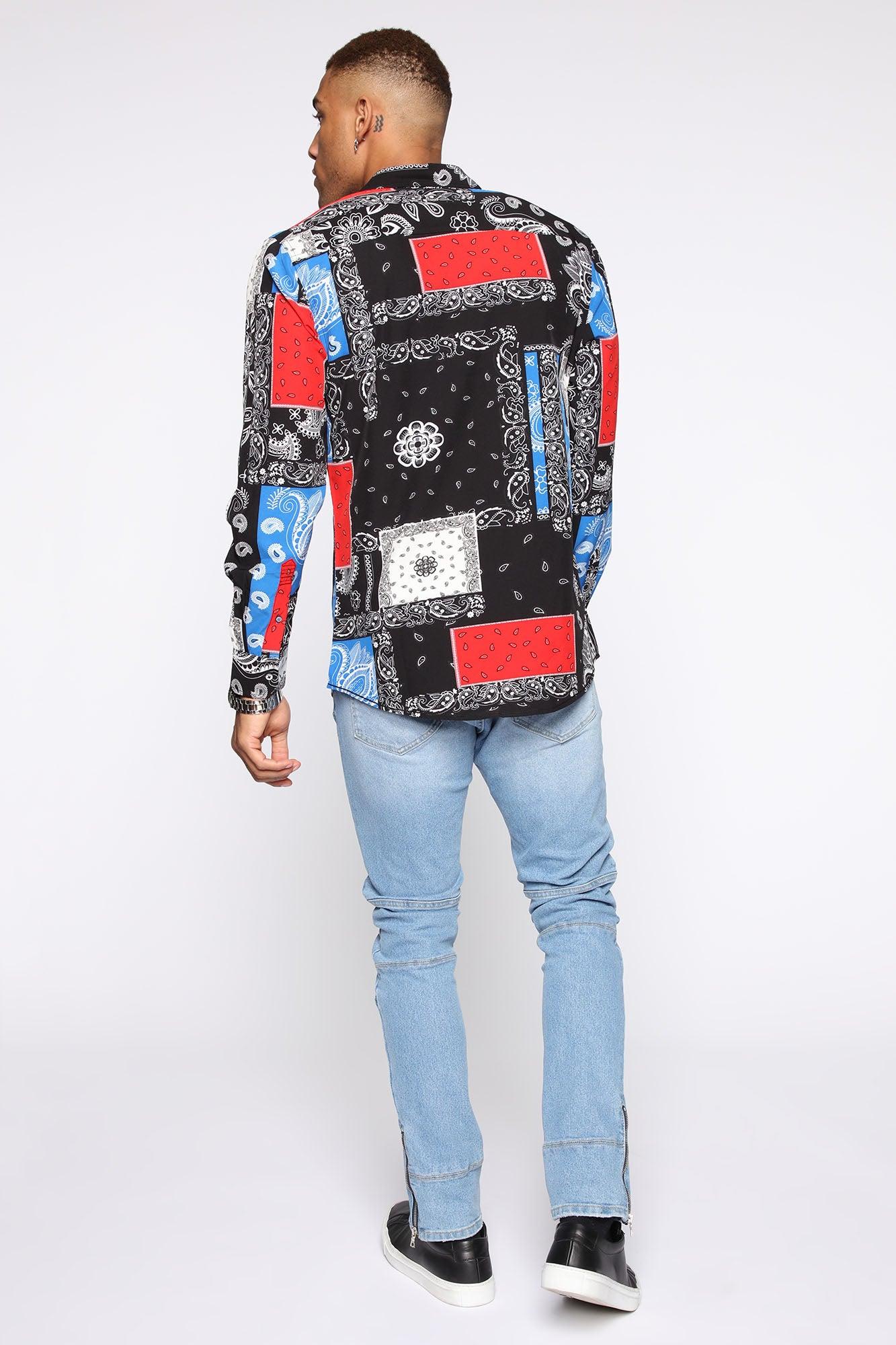 Skies Bandana Patchwork Long Sleeve Woven Top  - Black/combo Product Image