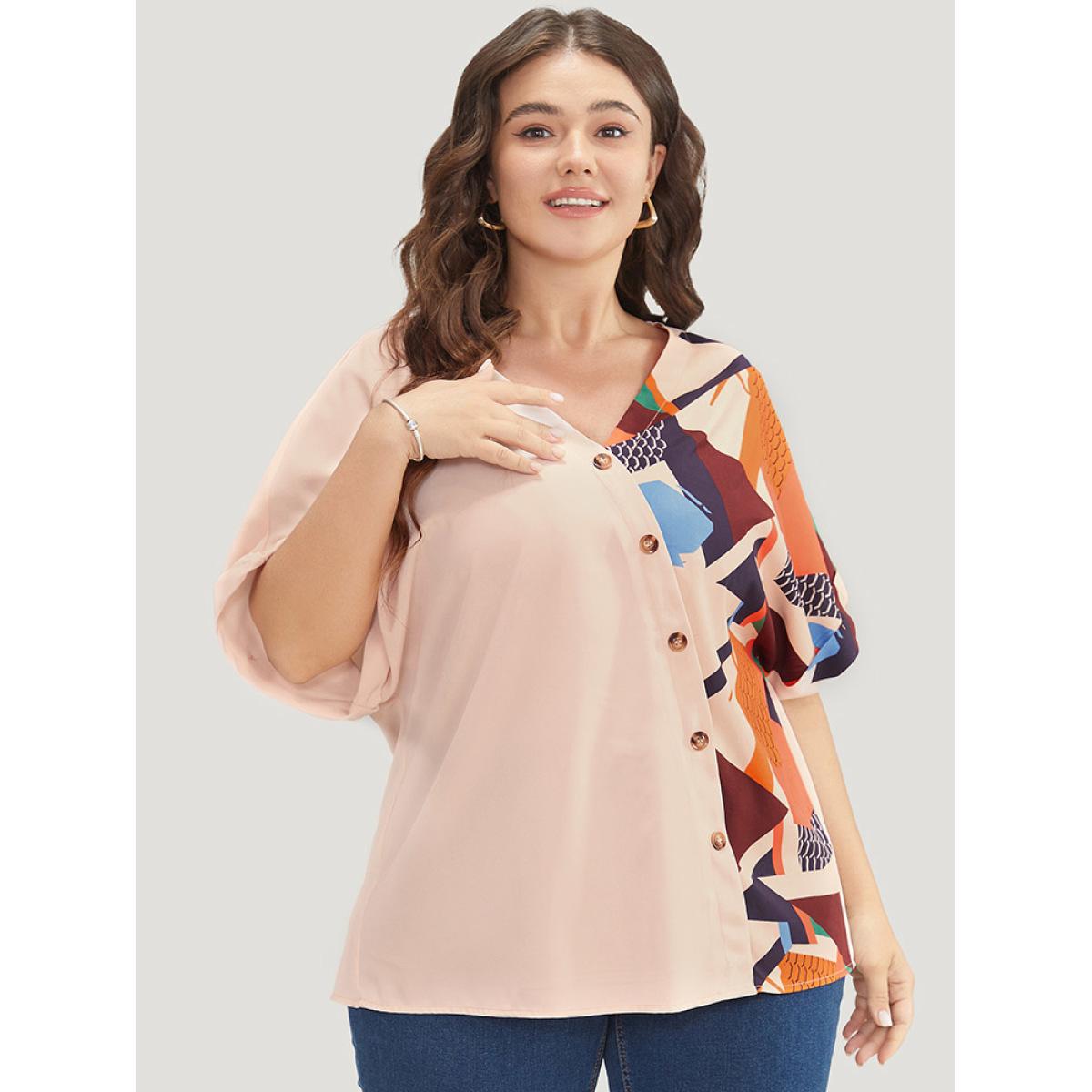 Plus Size Multicolor Geometric Contrast Batwing Sleeve Button Detail Wrap Blouse Women Office Short sleeve V-neck Work Blouses BloomChic 10/M Product Image