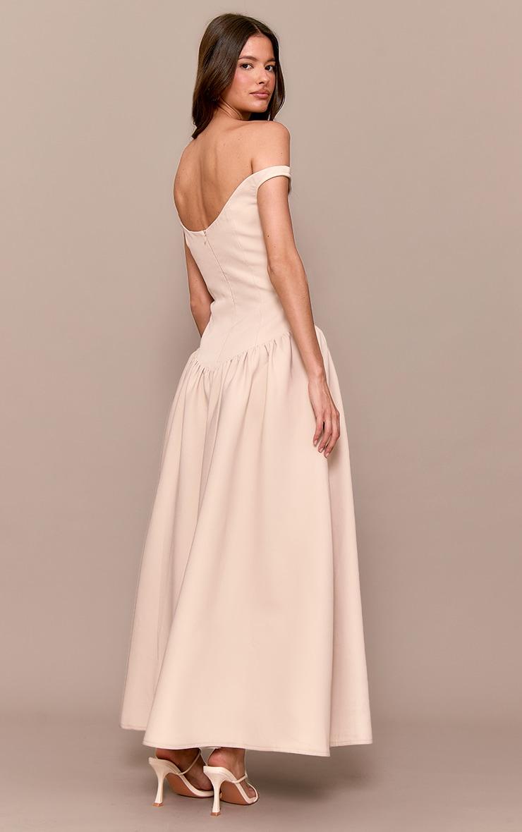 Cream Woven Dipped Bardot Ruched Midaxi Dress Product Image