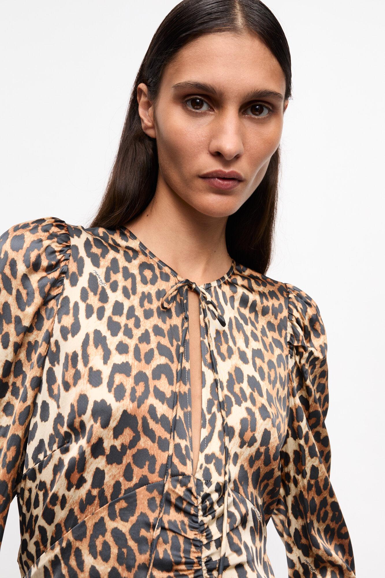 Leopard Print Satin Ruched Midi Dress Product Image