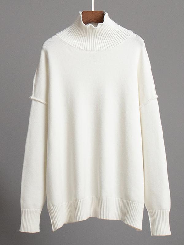 Long Sleeves Loose Solid Color Split-Joint High Neck Pullovers Sweater Tops Product Image