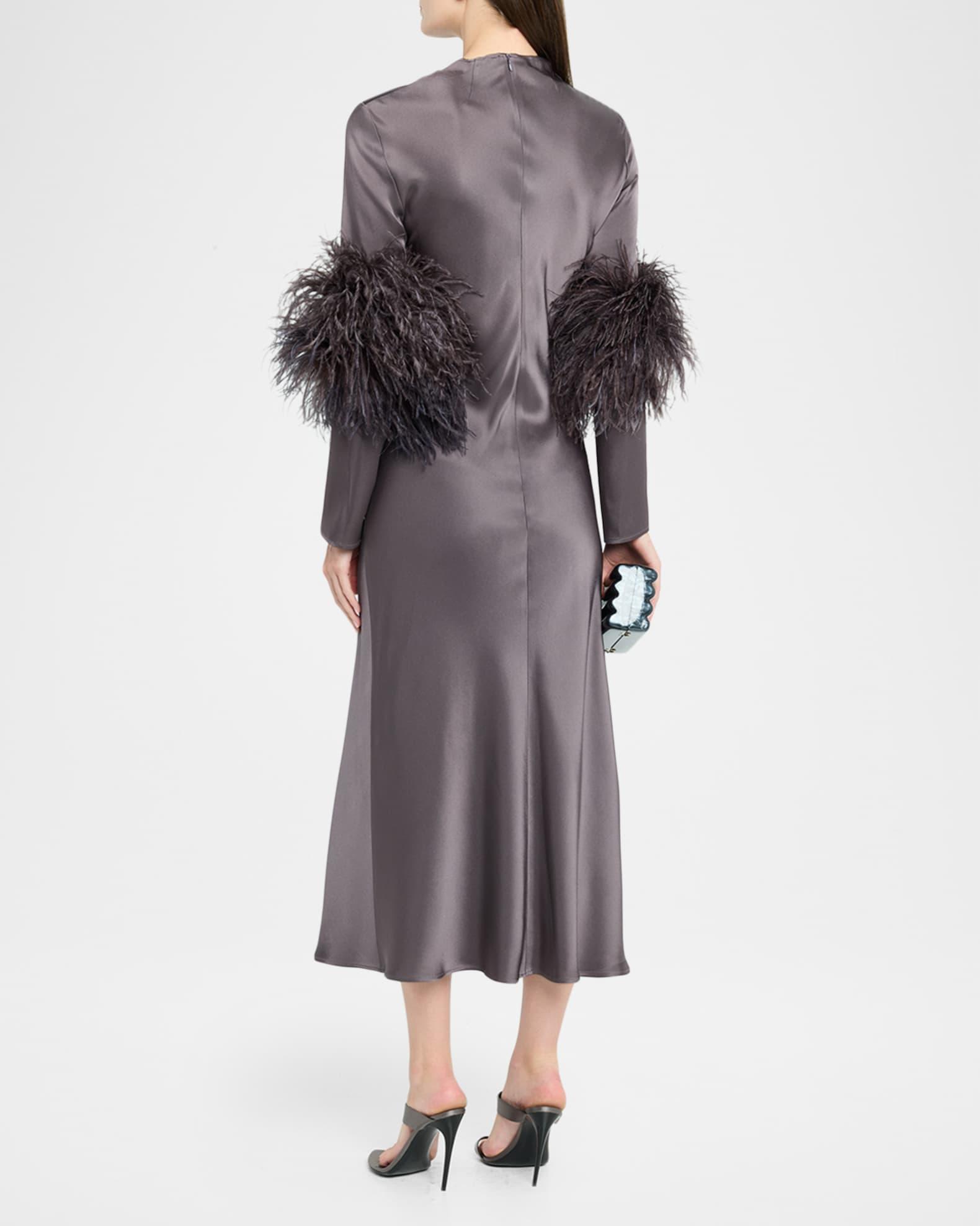 Feather-Trim Long-Sleeve Satin Bias Midi Dress Product Image