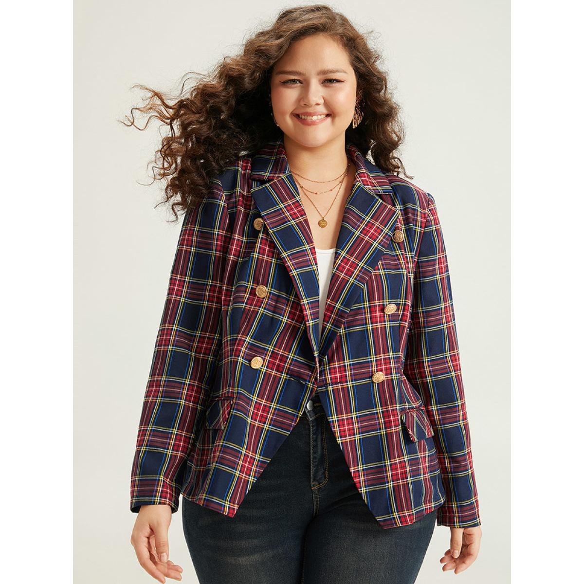 Plus Size Plaid Metal Detail Pocket Blazer Multicolor Women Dailywear Plaid Button Sleeve Long Sleeve Suit Collar 10/M Pocket Casual Blazers BloomChic Product Image