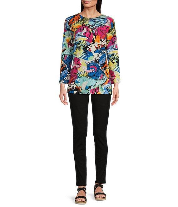 Calessa Petite Size Knit Abstract Butterfly Print Crew Neck 3/4 Sleeve Tunic Product Image