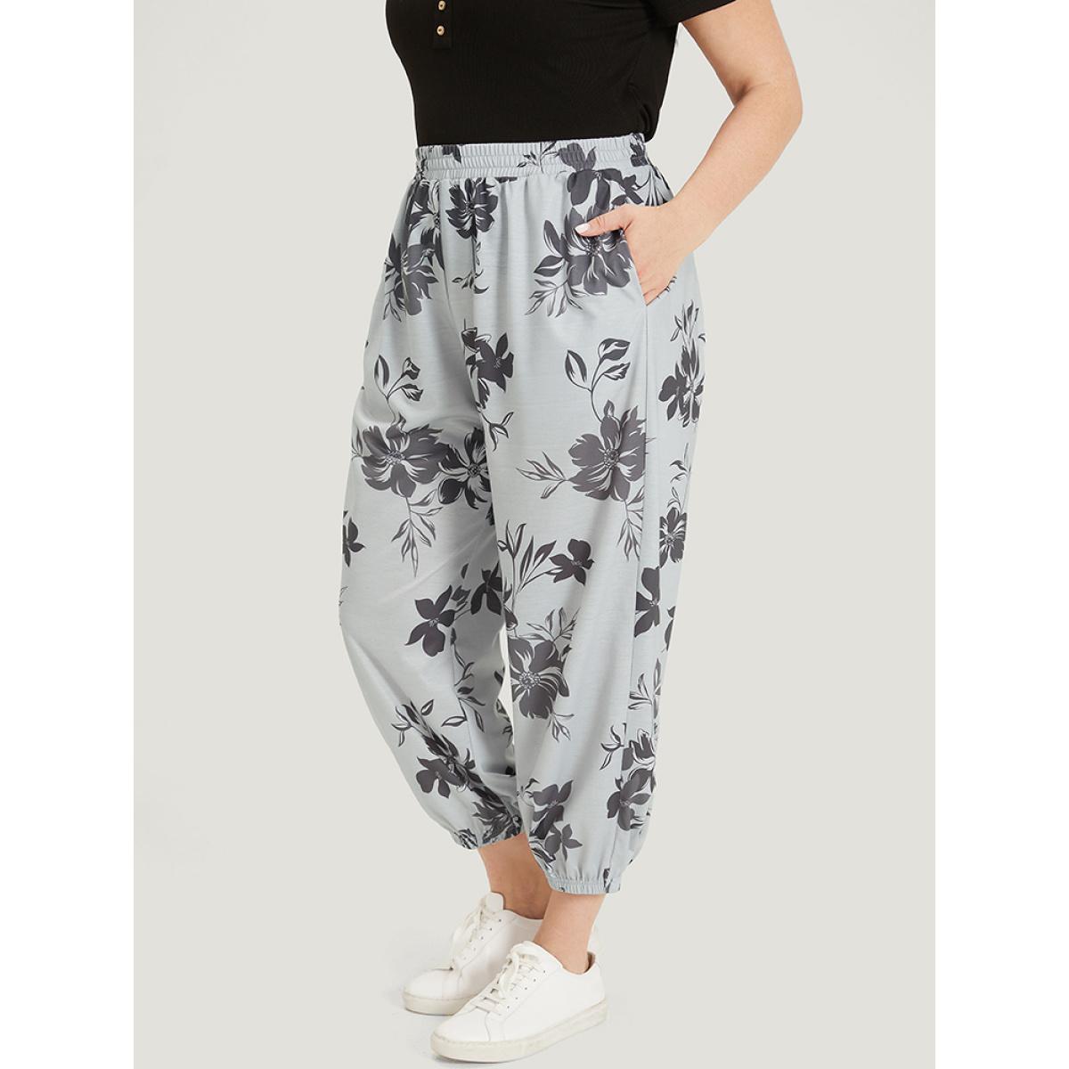 Silhouette Floral Print Pocket Elastic Waist Sweatpants DarkGray Plus Size Women Casual Everyday Elastic Waist 14-16/1X Bloomchic Product Image
