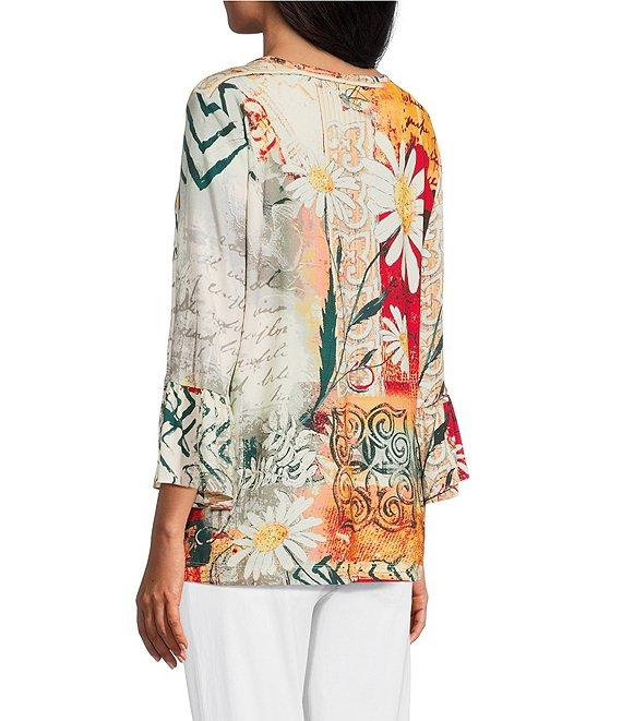 Multiples Embellished Placed Multi Print Boat Neck 3/4 Flounce Sleeve Knit Top Product Image