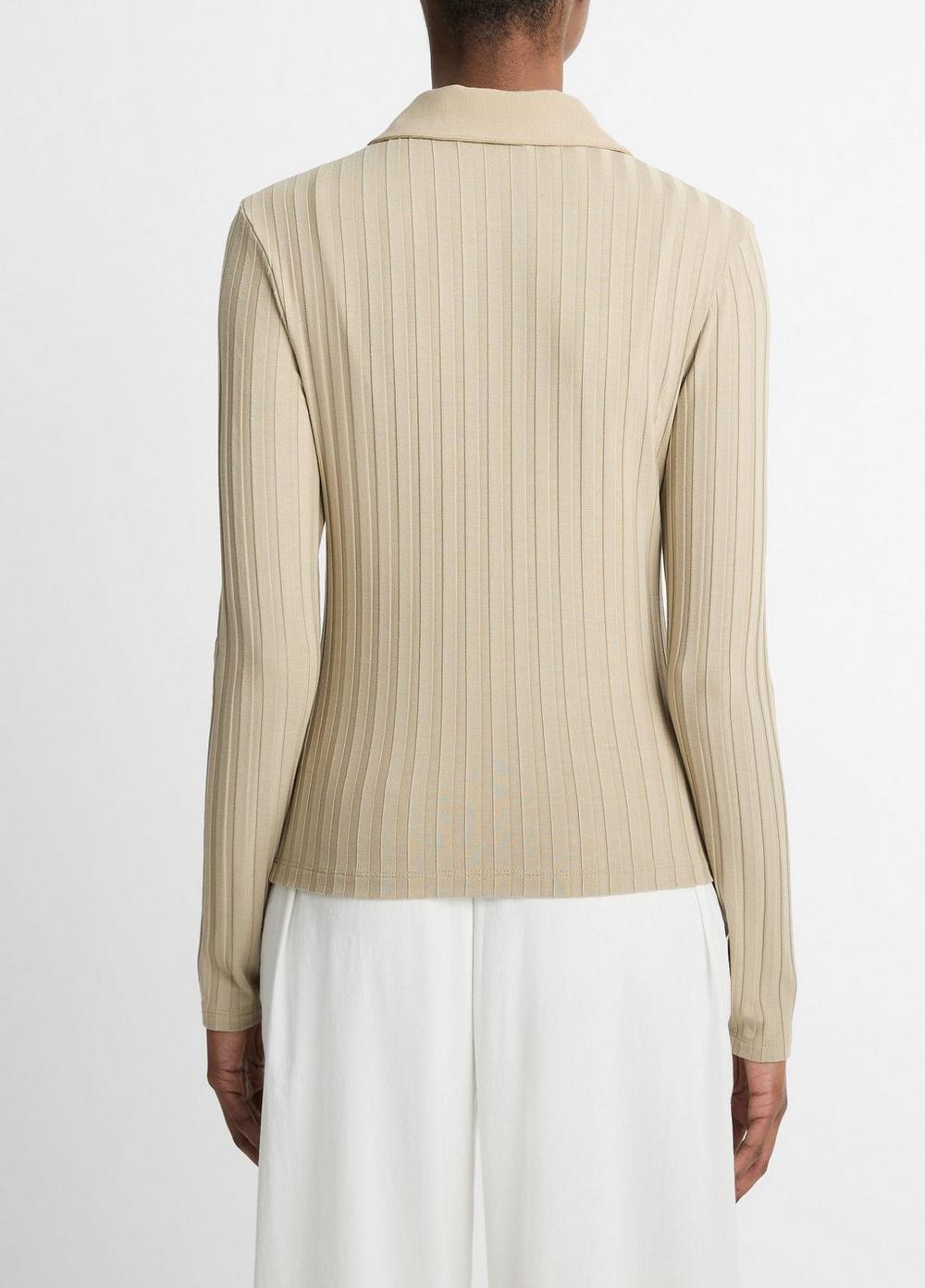 Ribbed Collared Long-Sleeve Button-Front Top Product Image