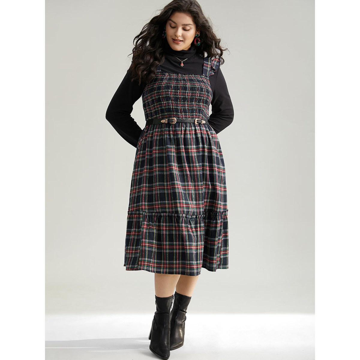 Plus Size Plaid Ruffle Trim Shirred Spaghetti Strap Dress Indigo Women Casual Printed Spaghetti Strap Sleeveless Curvy Midi Dress BloomChic 26/4X Product Image