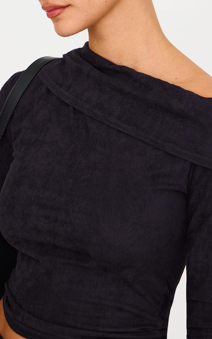 Black Faux Suede Asymmetric Shoulder Long Sleeve Top Product Image