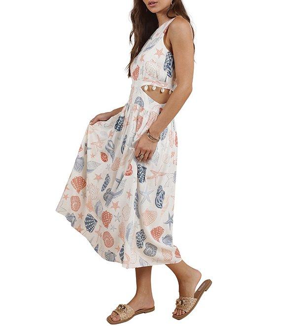 Sadie & Sage Linen Blend Seashell Print Side Cutout Shell Trim Dress Product Image